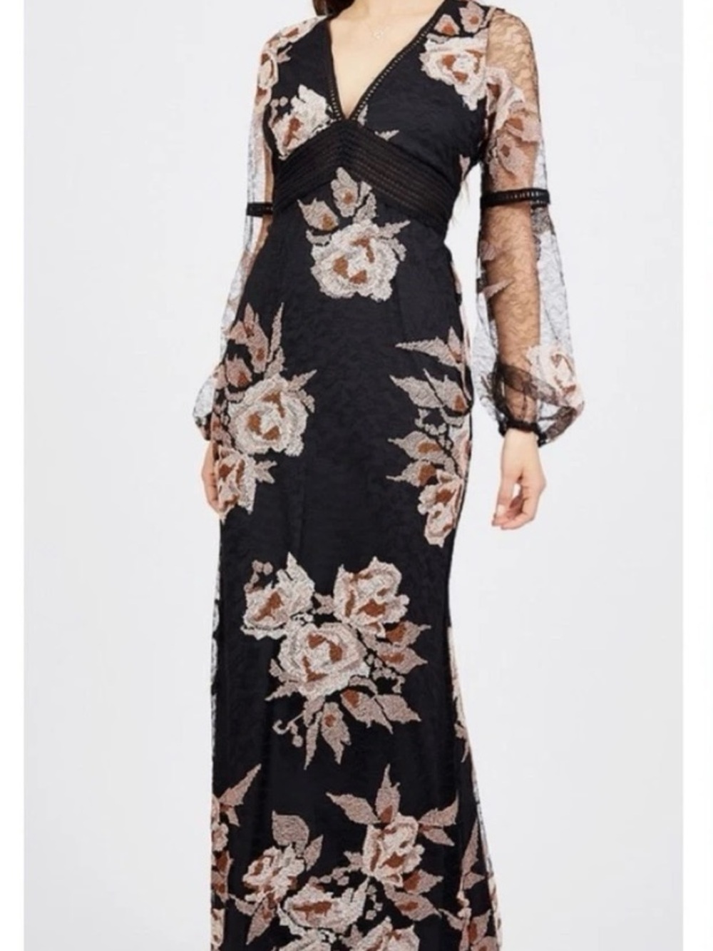 Badgley Mischka Black Floral Lace Maxi Dress with Blush and Tan Embroidery